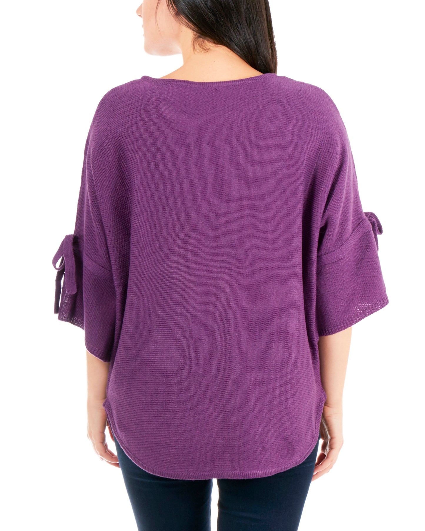 NY Collection Women's Round Hem Tie Sleeve Sweater Purple Size M