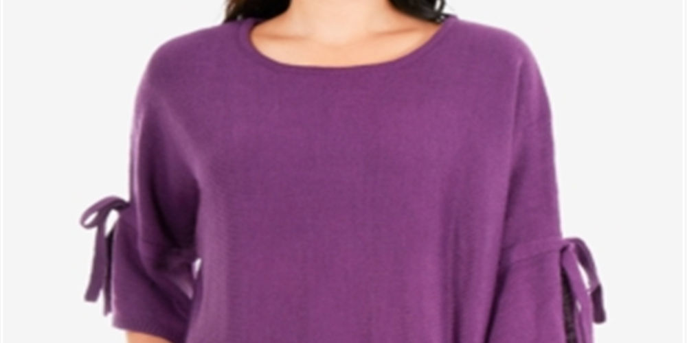 NY Collection Women's Round Hem Tie Sleeve Sweater Purple Size M