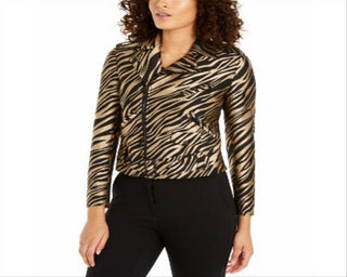 Anne Klein Women's Printed Jacquard Moto Jacket Brown Size 8