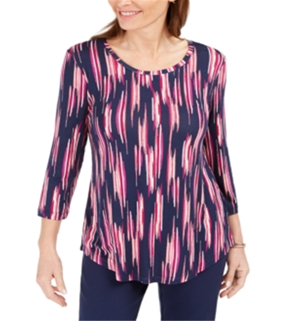 JM Collection Women's Printed 3/4 Sleeve T-Shirt Blue Size XS