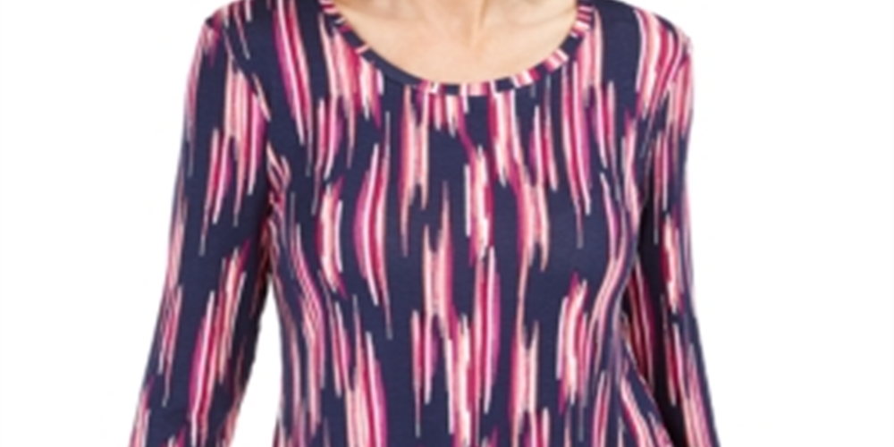 JM Collection Women's Printed 3/4 Sleeve T-Shirt Blue Size XS