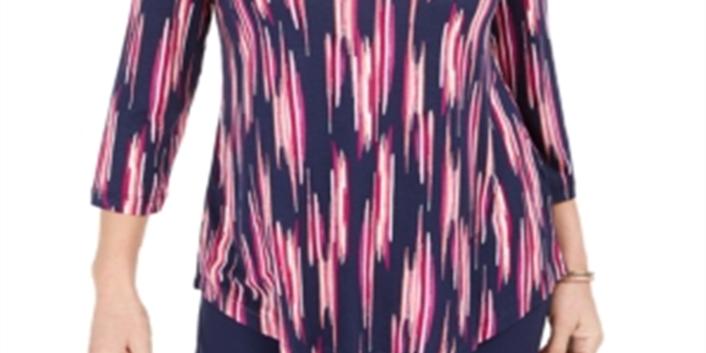 JM Collection Women's Printed 3/4 Sleeve T-Shirt Blue Size XS
