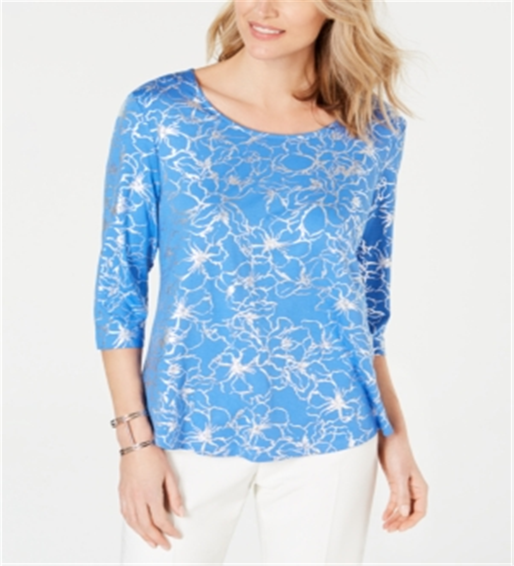 JM Collection Women's Printed 3/4 Sleeve Top Blue Size Petite M