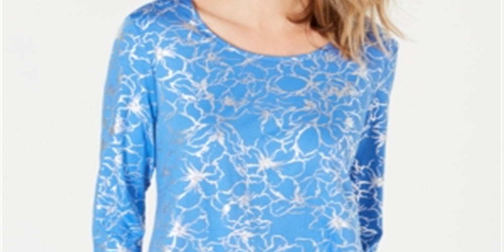 JM Collection Women's Printed 3/4 Sleeve Top Blue Size Petite M