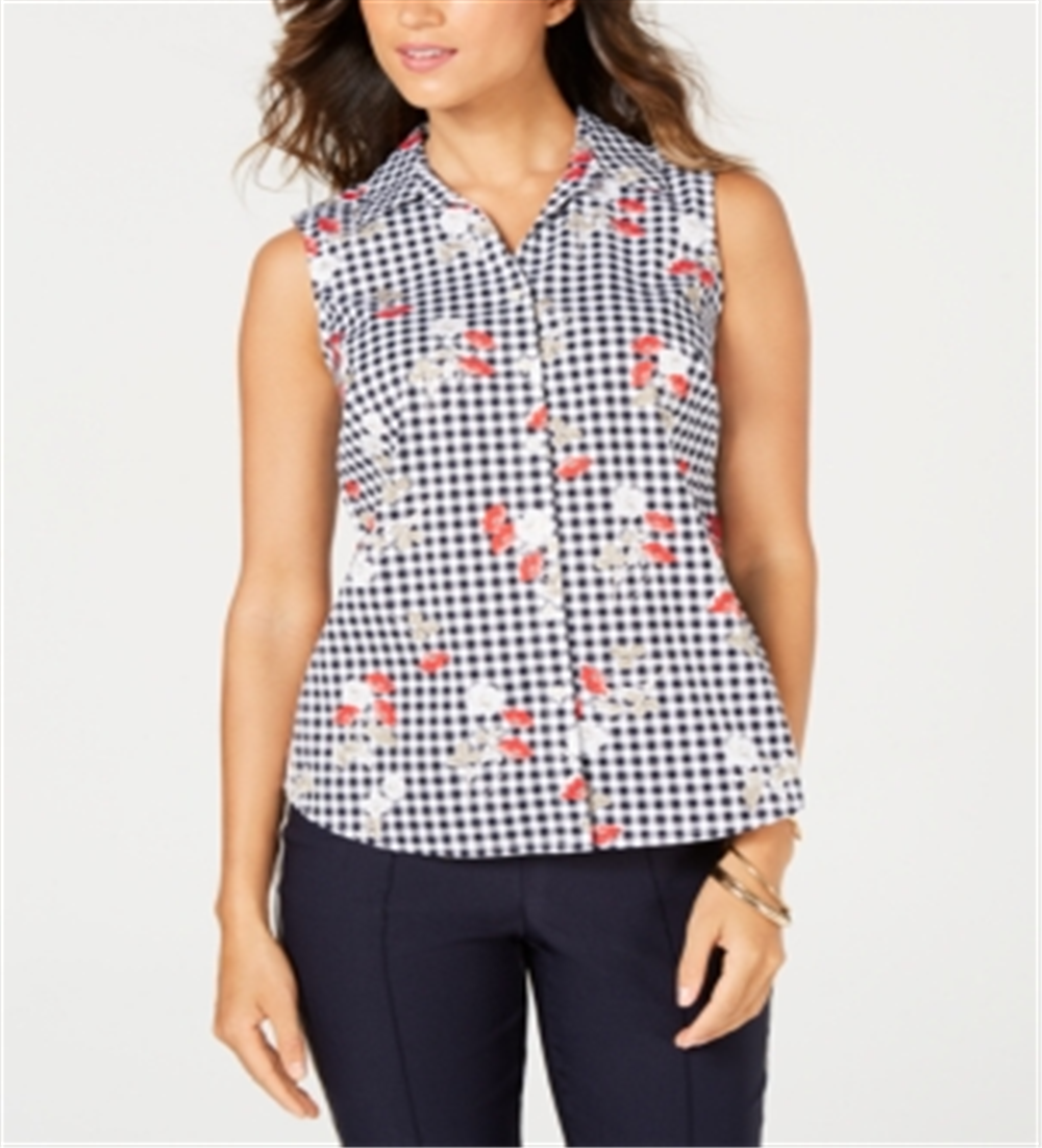 Charter Club Women's Sleeveless Floral Gingham Blouse White Size 6