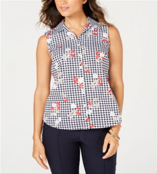Charter Club Women's Sleeveless Floral Gingham Blouse White Size 6