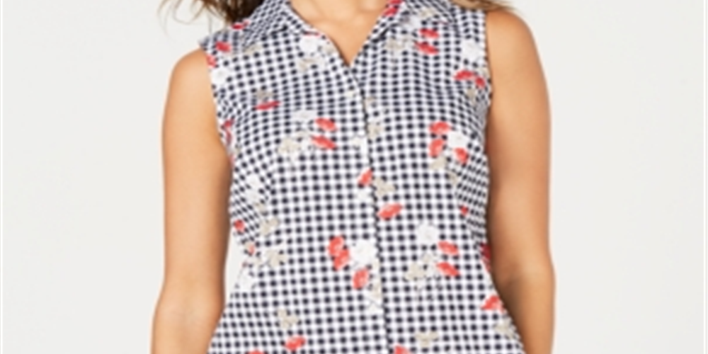Charter Club Women's Sleeveless Floral Gingham Blouse White Size 6