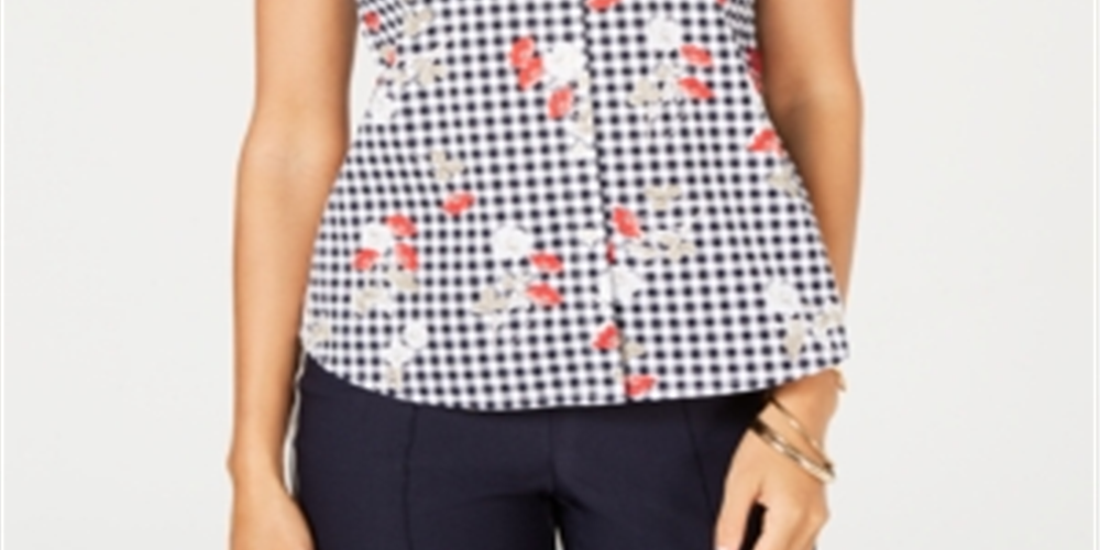 Charter Club Women's Sleeveless Floral Gingham Blouse White Size 6