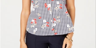 Charter Club Women's Sleeveless Floral Gingham Blouse White Size 6