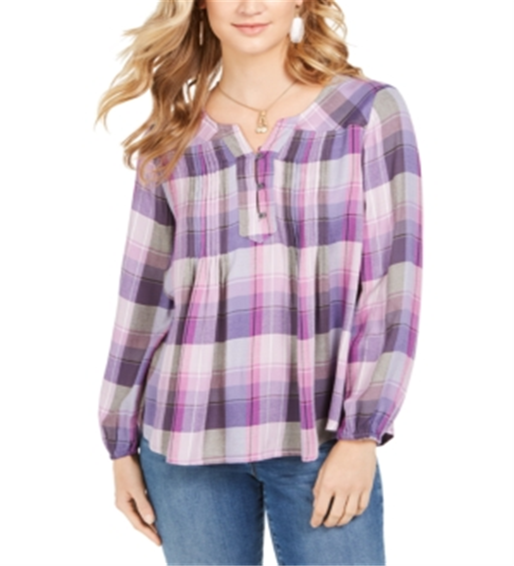Style & Co Women's Plaid Split Neck Top Purple Size XL