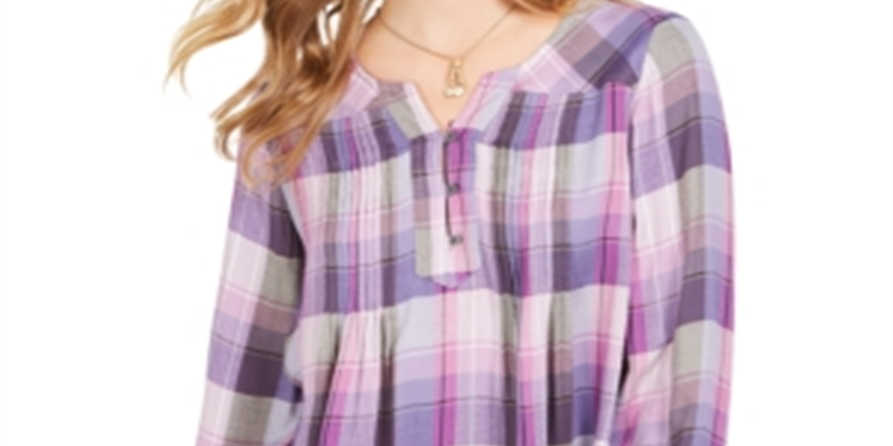 Style & Co Women's Plaid Split Neck Top Purple Size XL