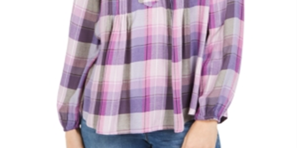 Style & Co Women's Plaid Split Neck Top Purple Size XL
