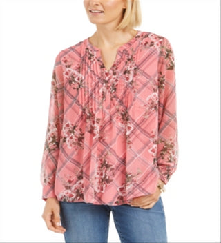 Charter Club Women's Printed Split Neck Top Pink Size Small