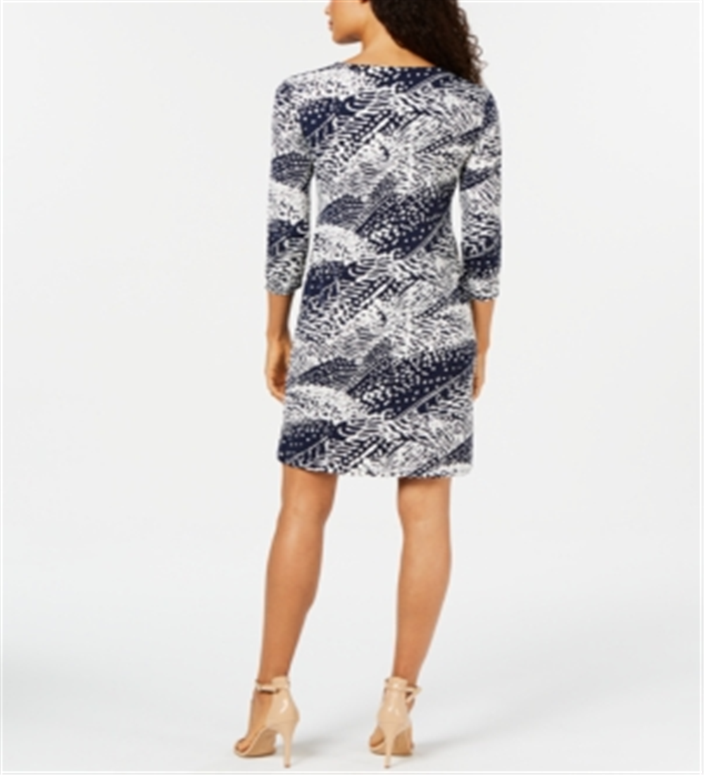 JM Collection Women's Printed Zip Front Dress Blue Size Petite
