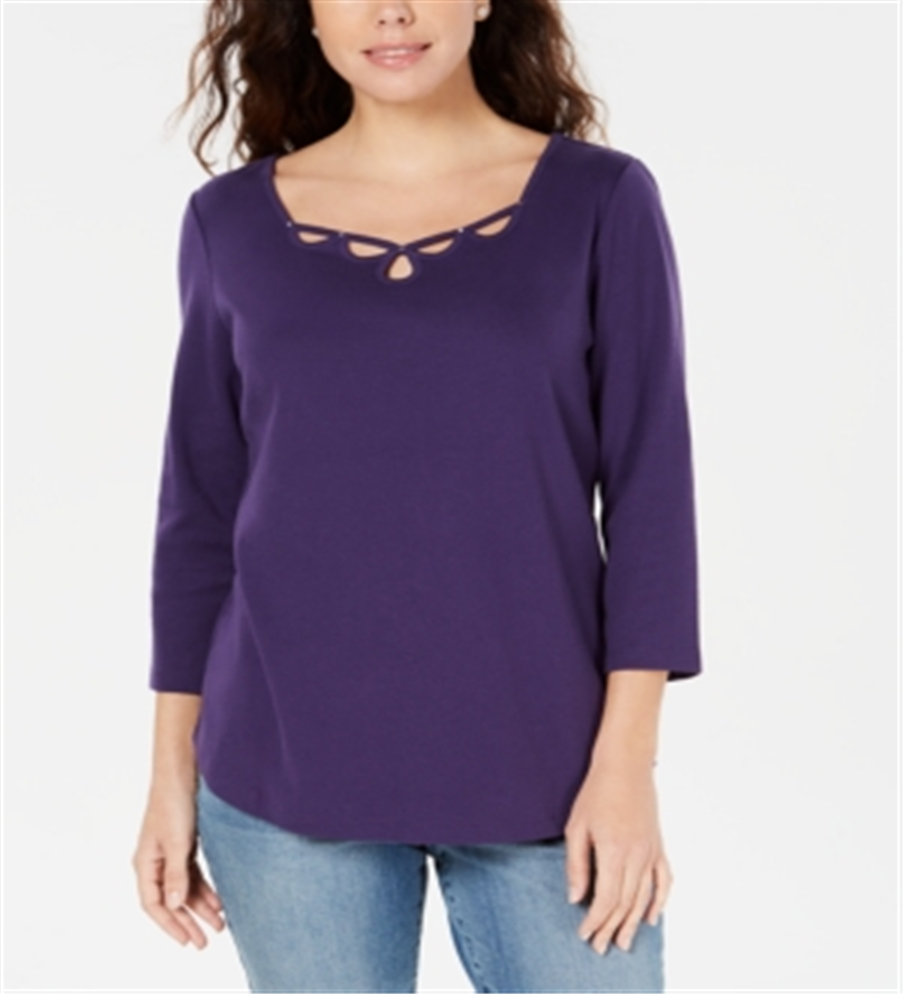 Karen Scott Women's Cotton Keyhole Stud Top -Purple Size XL
