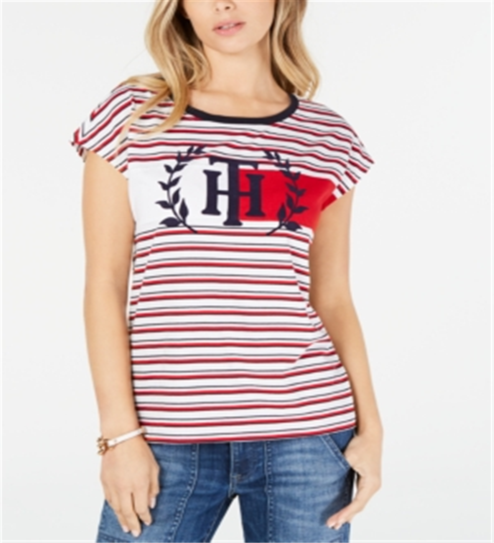 Tommy Hilfiger Women's Cotton Logo Striped T-Shirt White Size M