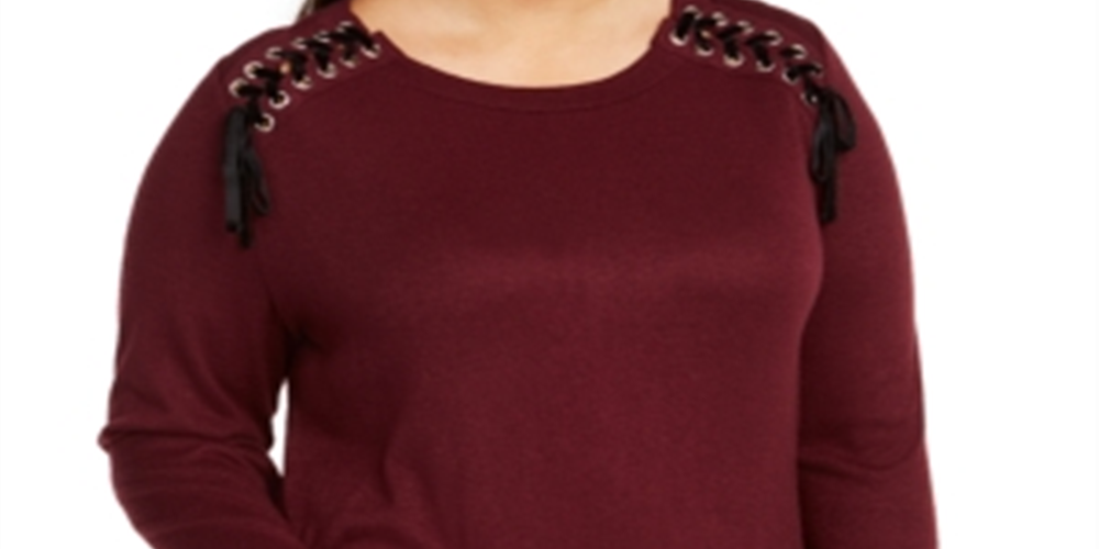 INC International Concepts Women's Plus Lace up Snit Crew Neck Top Wine Size 0X