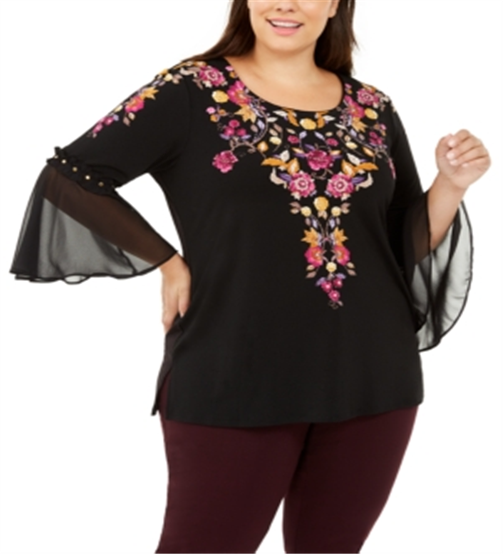 JM Collection Women's Plus Floral Bell Sleeve Top Black Size 0X