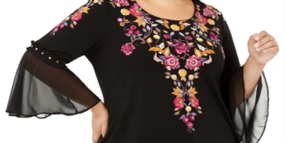 JM Collection Women's Plus Floral Bell Sleeve Top Black Size 0X