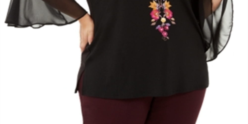JM Collection Women's Plus Floral Bell Sleeve Top Black Size 0X