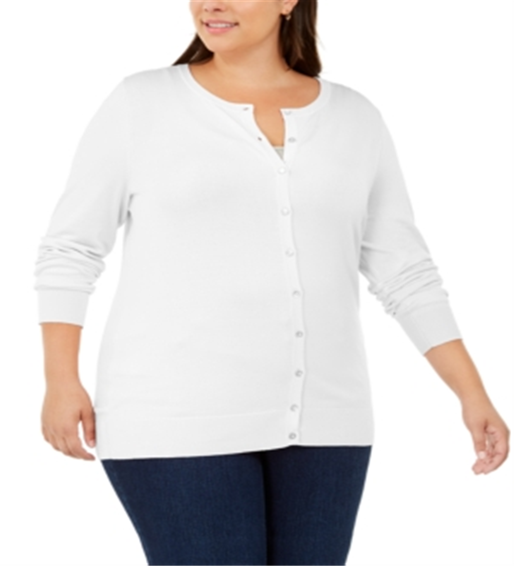 Charter Club Women's Plus Crew Neck Cardigan White Size XXXL