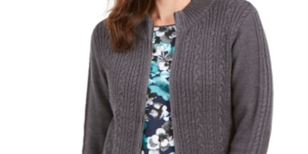 Karen Scott Women's Cable Knit Zippered Cardigan Gray Size SM