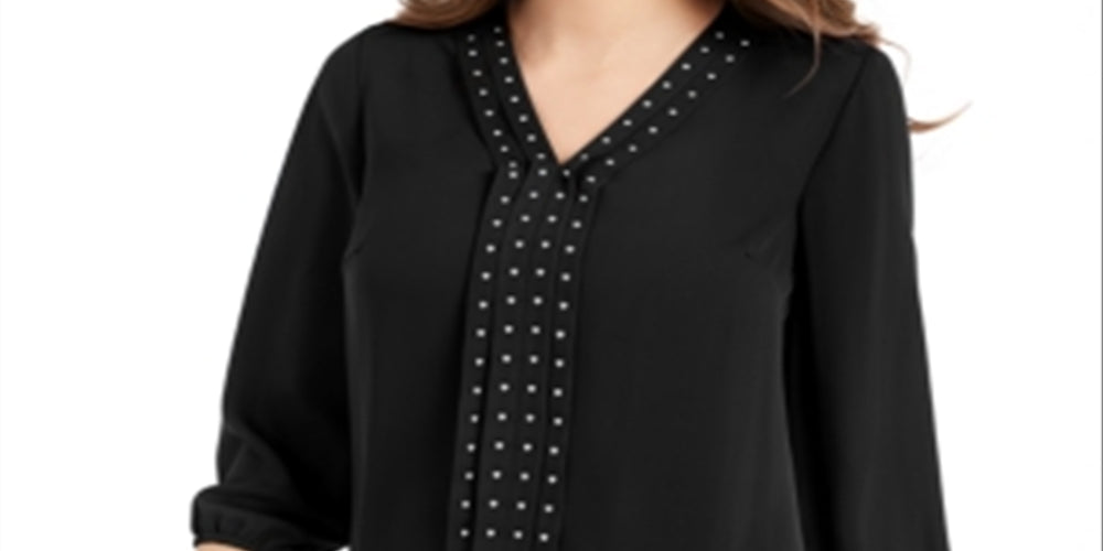 JM Collection Women's Solid Studded Pleated Blouse Black Size XL
