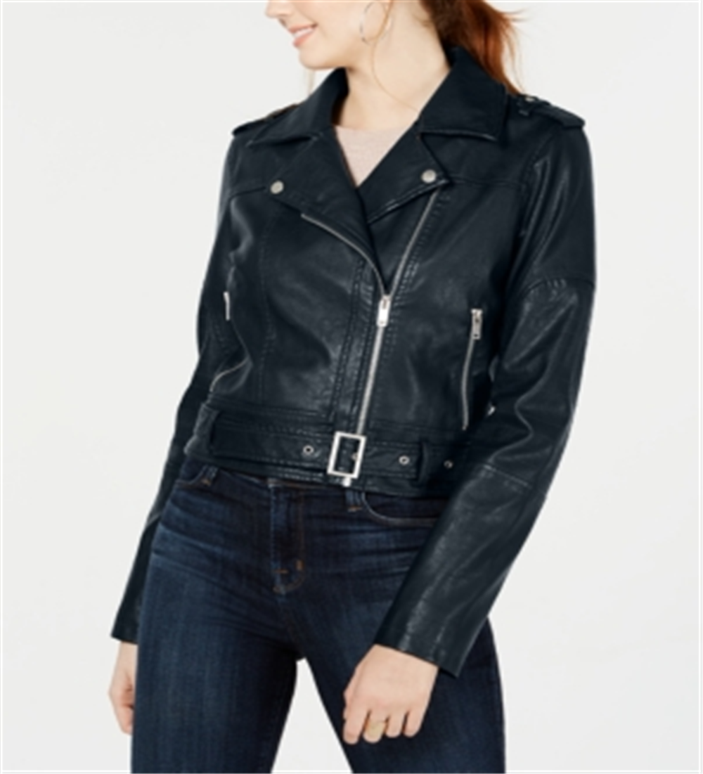 Collection B Junior's Faux Leather Belted Moto Jacket Blue Size Large