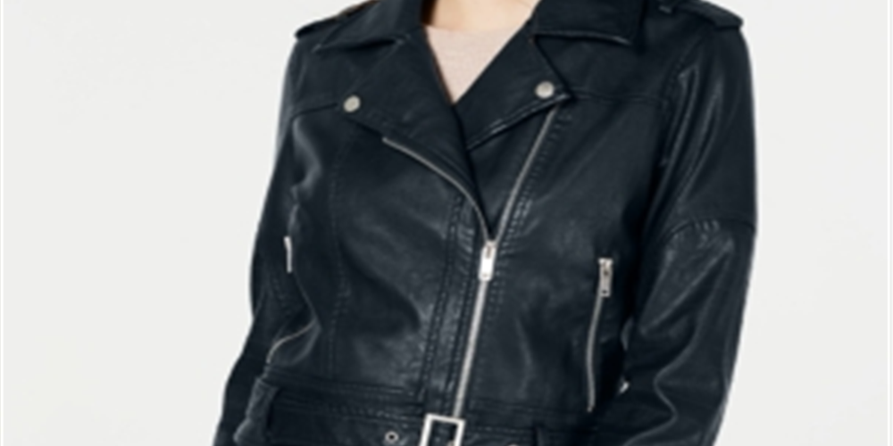 Collection B Junior's Faux Leather Belted Moto Jacket Blue Size Large