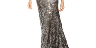 CALVIN KLEIN Womens Grey Sequined Short Sleeve Jewel Neck Maxi Sheath Evening Dress Size 6