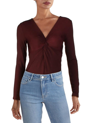 Bar III Women's Ribbed Twist Front Bodysuit Red Size XXS