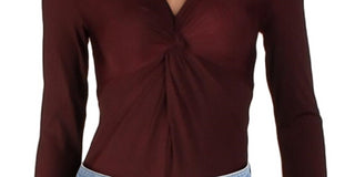 Bar III Women's Ribbed Twist Front Bodysuit Red Size XXS