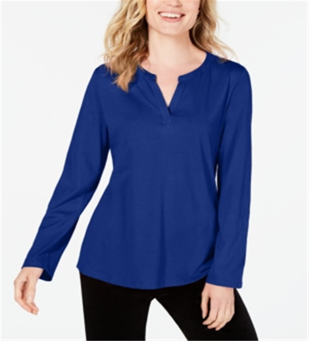 Charter Club Women's Adjustable Sleeves Solid Blouse Blue Size Small