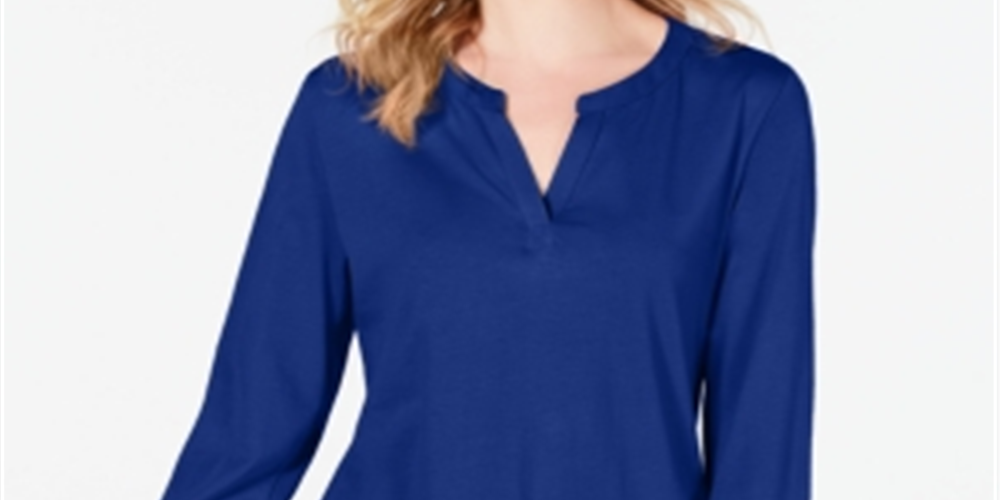 Charter Club Women's Adjustable Sleeves Solid Blouse Blue Size Small