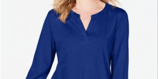 Charter Club Women's Adjustable Sleeves Solid Blouse Blue Size Small