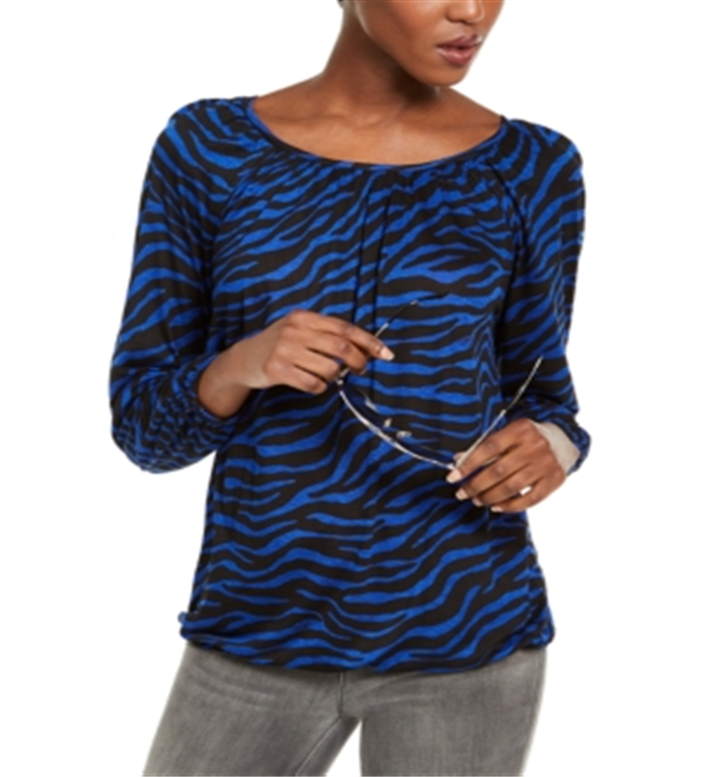 Michael Kors Women's Scoop Neck Animal Print Blouse Blue Size Large