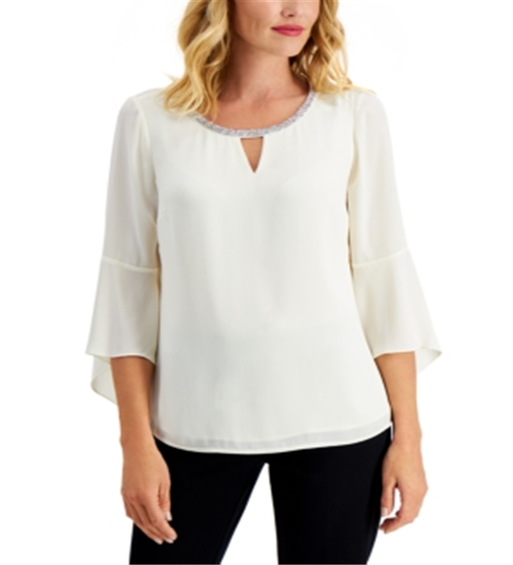 JM Collection Women's Bell Sleeve Rhinestone Neck Top  White Size Small