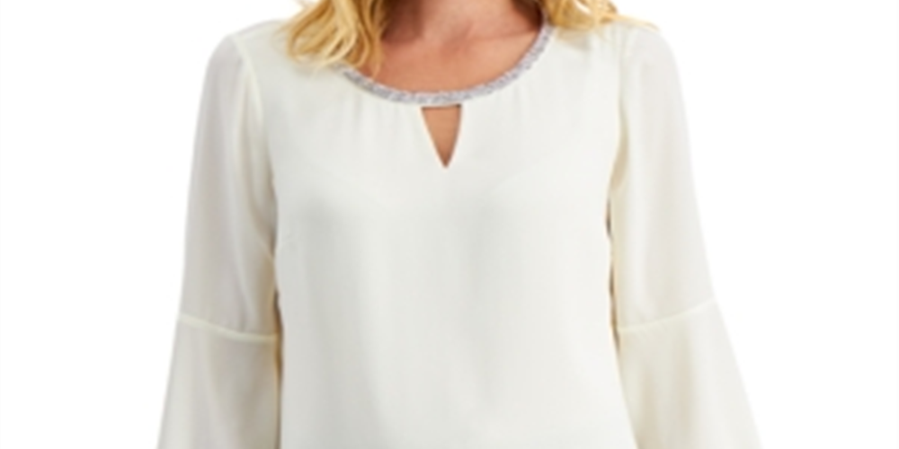 JM Collection Women's Bell Sleeve Rhinestone Neck Top  White Size Small