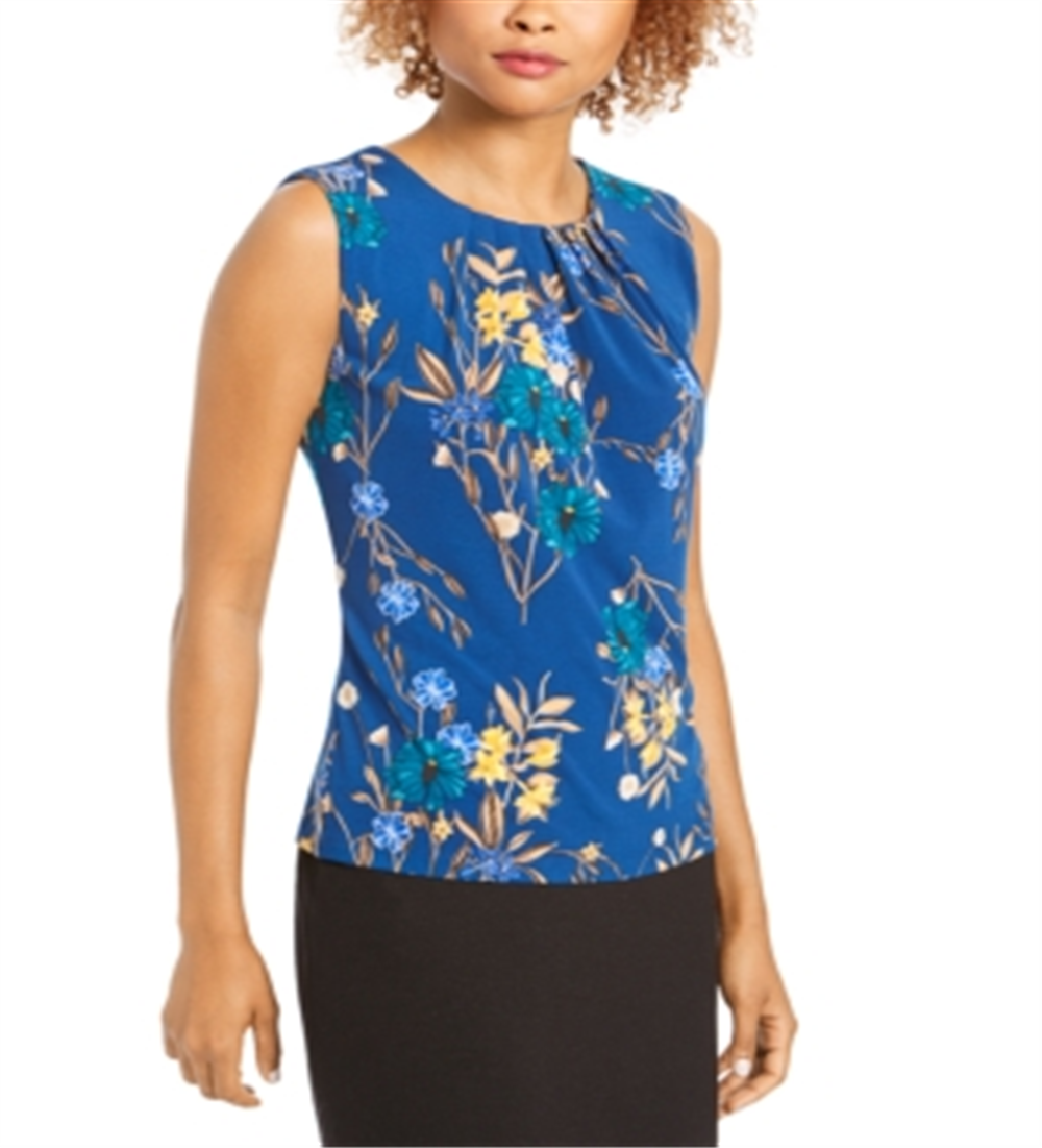 Calvin Klein Women's Floral Print Pleat Neck Top Blue Size X-Small
