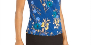Calvin Klein Women's Floral Print Pleat Neck Top Blue Size X-Small