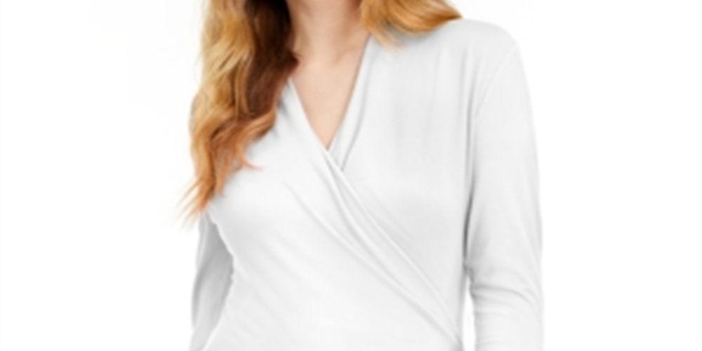 INC International Concepts Women's Wrap Long Sleeves Top White Size Petite X-Small