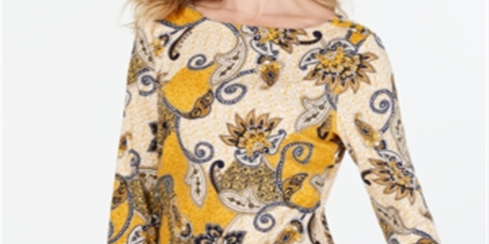 Charter Club Women's Printed Cotton 3/4 Sleeve Top Yellow Size Medium
