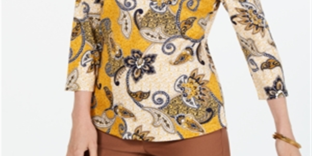 Charter Club Women's Printed Cotton 3/4 Sleeve Top Yellow Size Medium