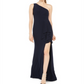Blondie Women's Slitted Solid Asymmetrical Neckline Full Length Sheath Formal Dress Blue Size 1