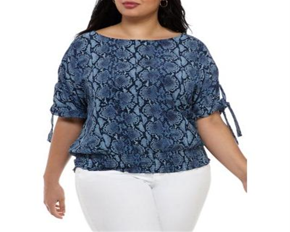 Michael Kors Women's Plus Snake Print Tie Sleeve Top Blue Size 2X