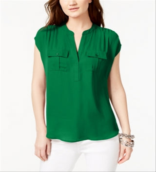 INC International Concepts Women's Pocketed Cap Sleeve V Neck Top Green Size Large