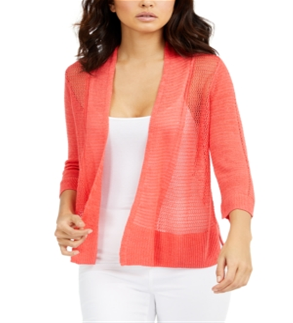 Alfani Women's Mixed Stitch Open Front Linen Blend Cardigan Red Size Medium