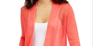 Alfani Women's Mixed Stitch Open Front Linen Blend Cardigan Red Size Medium