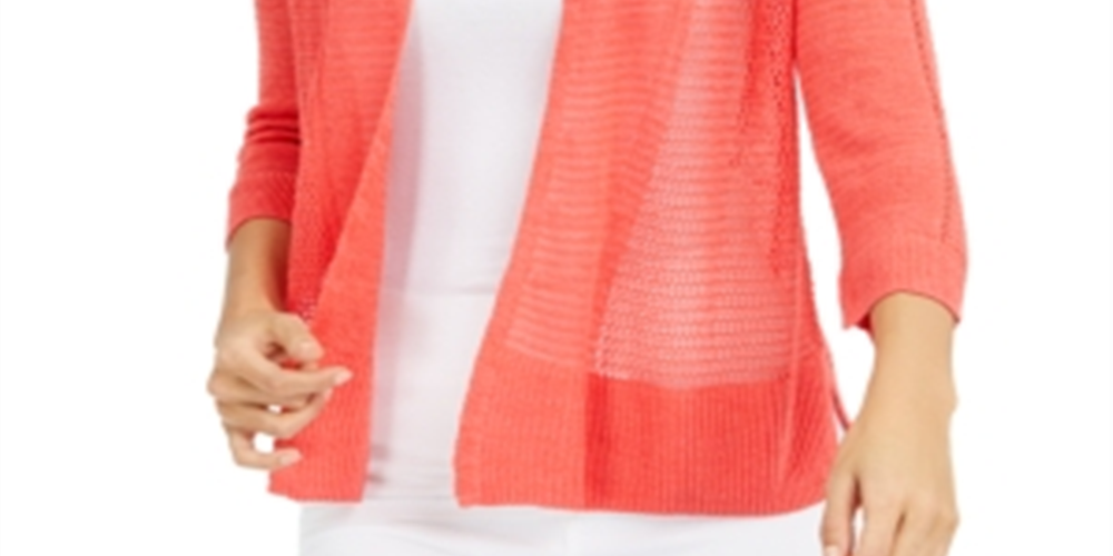 Alfani Women's Mixed Stitch Open Front Linen Blend Cardigan Red Size Medium