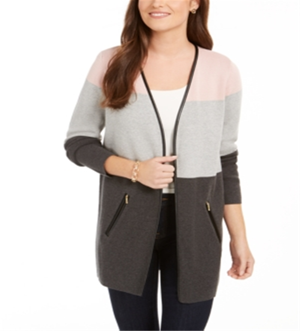 Charter Club Women's Milano Colorblocked Cotton Completer Sweater Gray Size Petite Medium